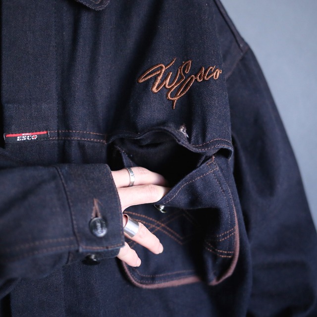 elbow patch fry-front design over size black denim jacket