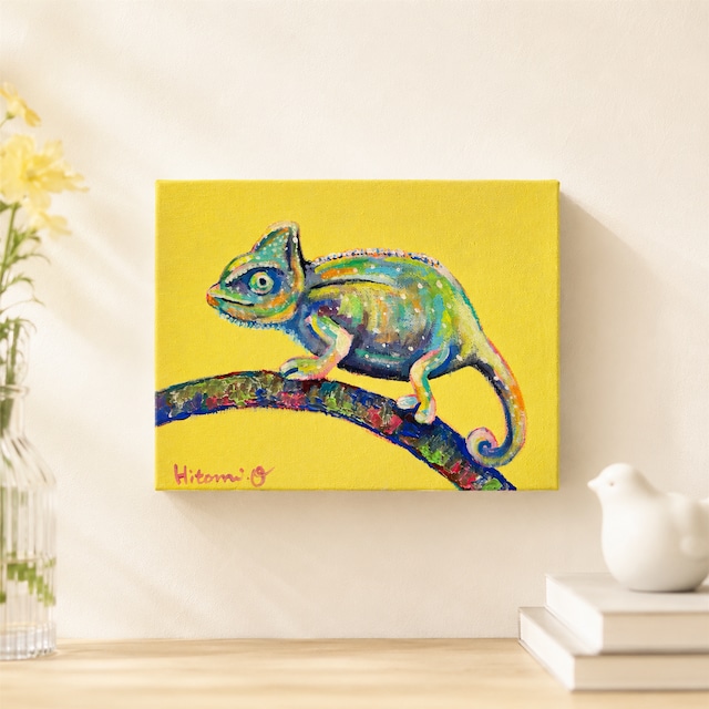 A-125/26】原画 絵画 動物画 カメレオン カラフル 27.3×22cmキャンバス A-125/26】原画 絵画 動物画 カメレオン カラフル 27.3×22cmキャンバス