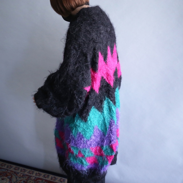 "mokemoke" psychedelic poison color pattern knit coat jacket