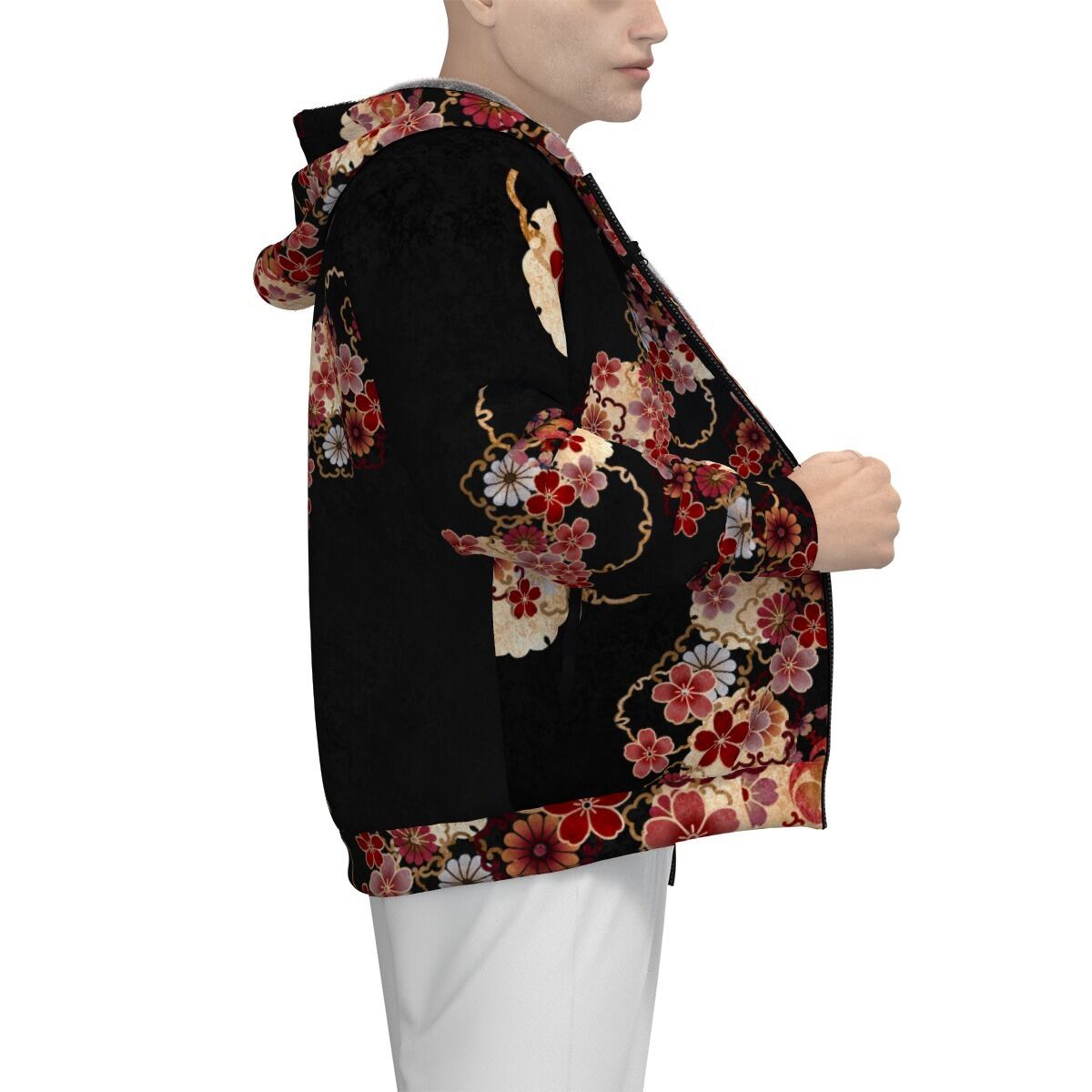 桜金輪紋様 和柄ユニセックスパーカー ボア裏地 | Baroque Japanesque