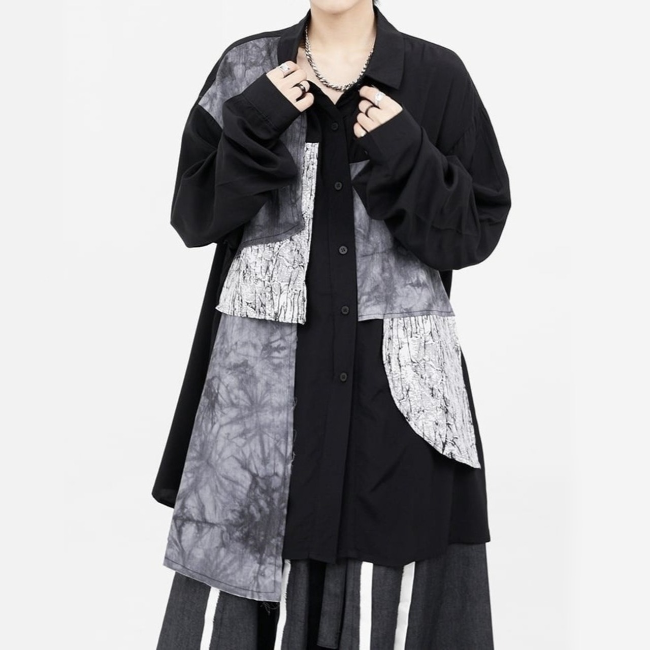 Chic Patchwork Long Shirt / シック パッチワーク ロング シャツ