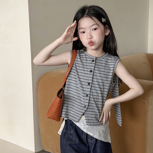 【KID】ワッフル地ストライプノースリーブTシャツ - 3