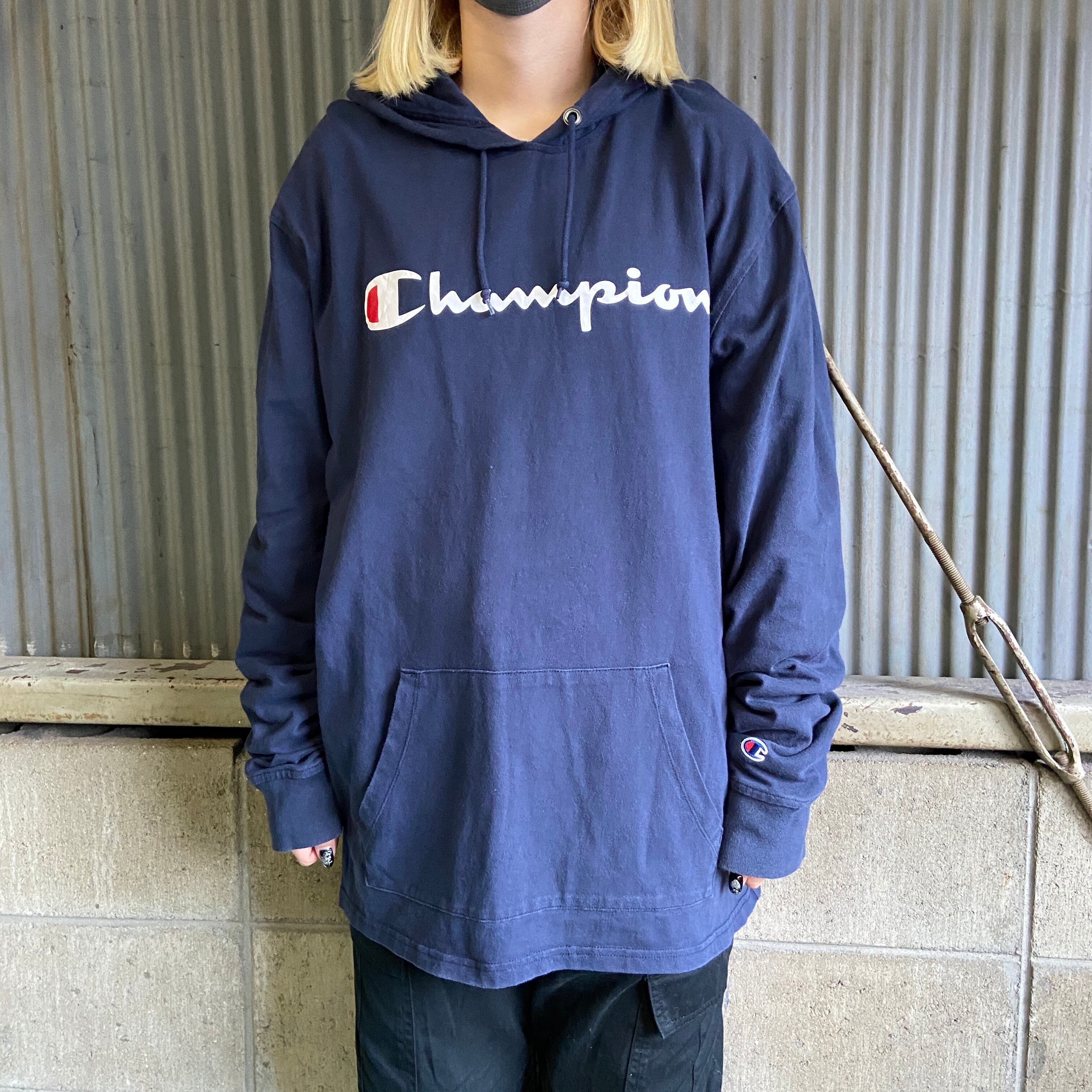 ビッグサイズ Champion チャンピオン ロゴプリント 長袖Tシャツ パーカー メンズ3XL 古着 大きいサイズ フーディー ネイビー  紺色【ロングTシャツ】【3anniv】 | cave 古着屋【公式】古着通販サイト