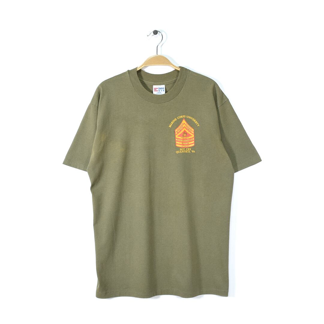 80s 90s USMC USA製 ヴィンテージＴシャツ ミリタリー カーキ 袖裾シングル MARINE CORPS UNIVERSITY サイズL 古着 @BZ0176