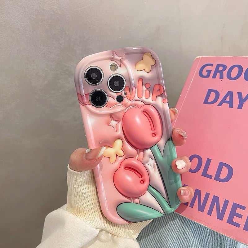 花型シリコンiPhoneケース ピンク❤︎チューリップ❤︎3D iPhoneケース iPhone14 iPhone13 3D風 ぷっくり 花 チューリップ