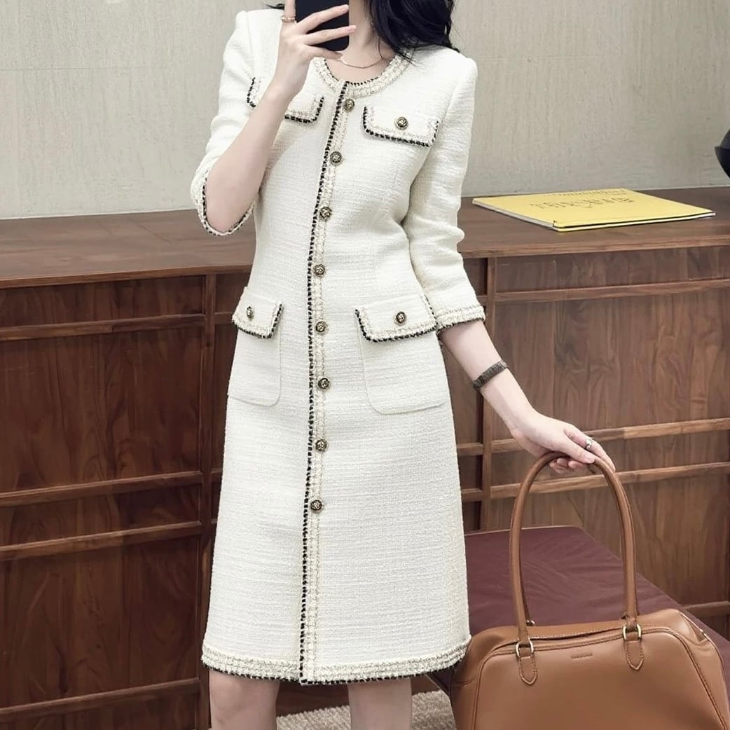 上品な白のツイード風ワンピース YH9523