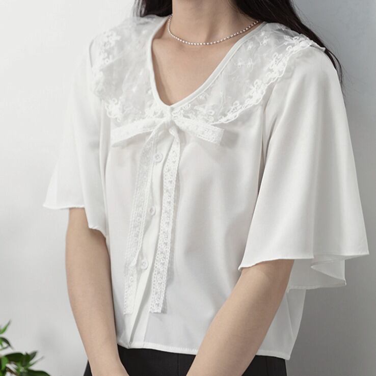 レース襟ボウタイVネック半袖シャツブラウス 00106