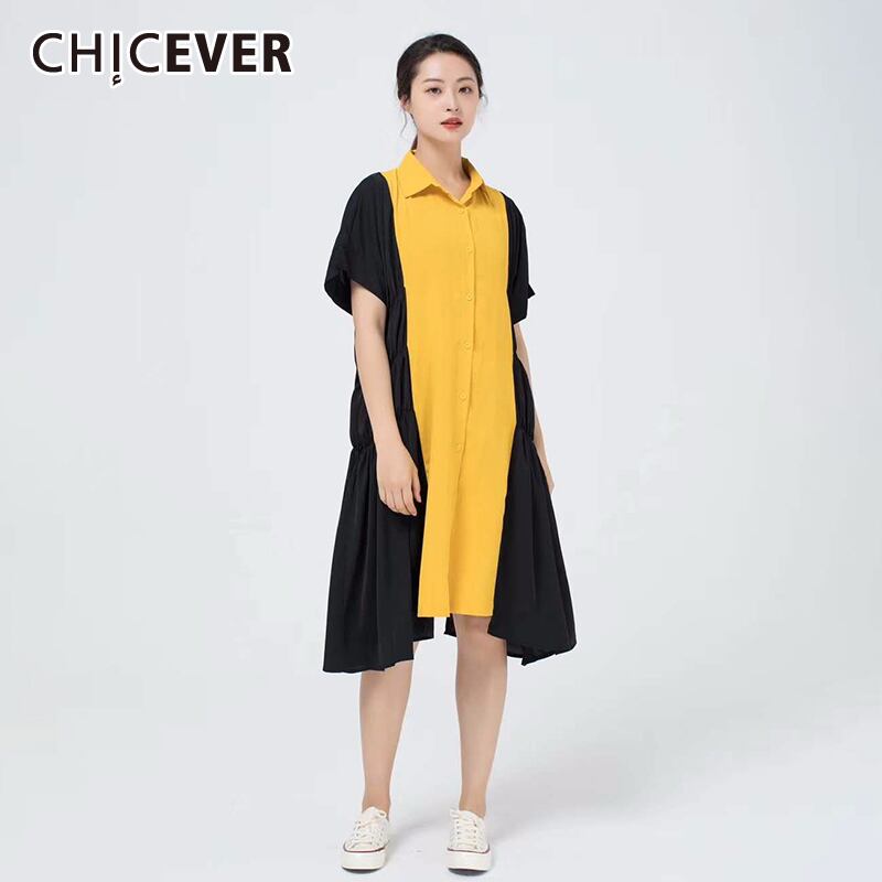 CHICEVERレディースドレスラペルカラー半袖パッチワーク非対称シャーリングドレス夏のミニマリスト服 ショート ハーフスリーブ サマー 夏物 6base538384075444