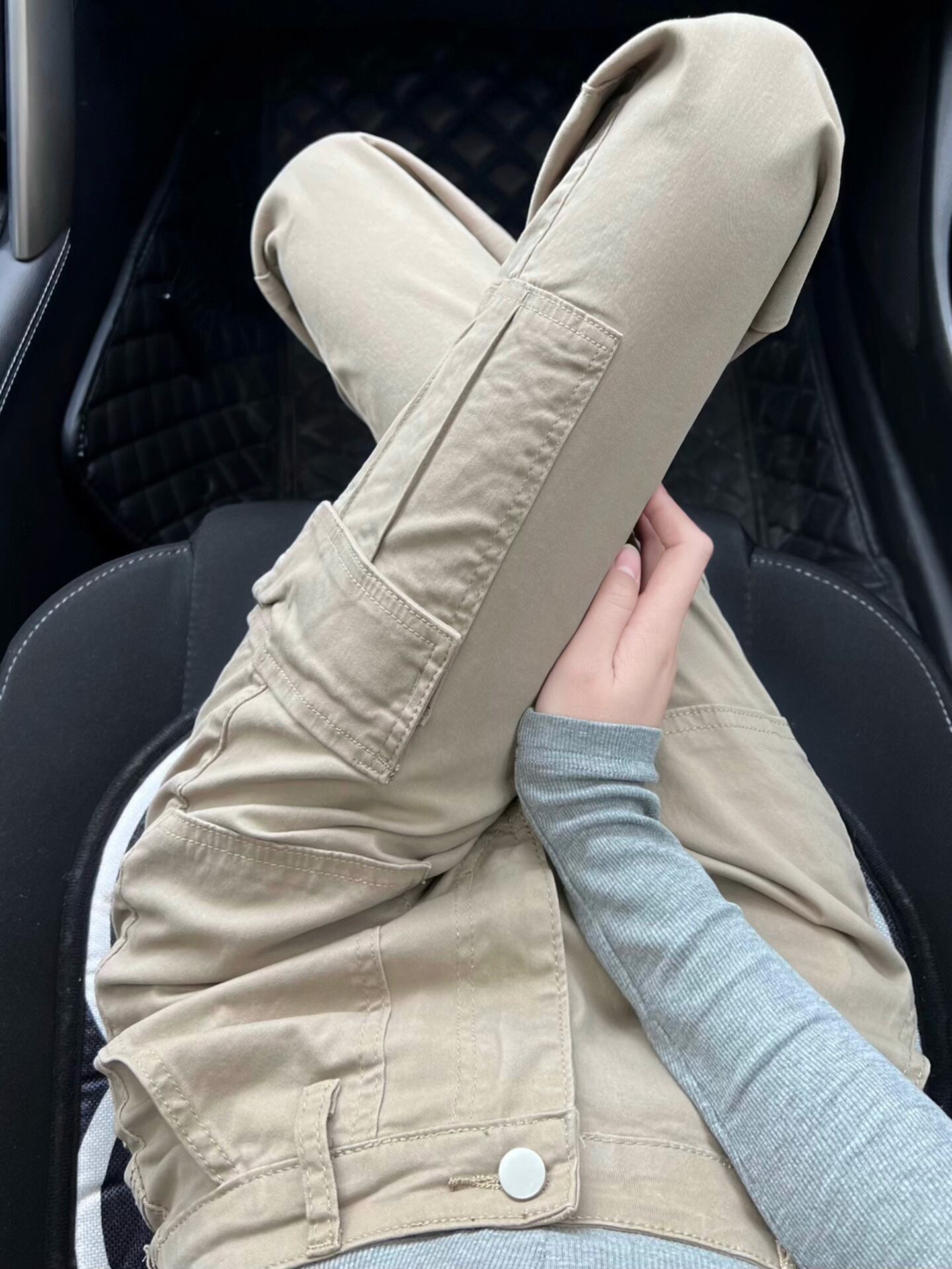 【新作】【送料無料】 女性用ストレートジーンズ、春夏デザイン、マルチポケット、スリム、ハイウエスト、小柄な人向けカーキワイドレッグカーゴパンツ 0326675662692