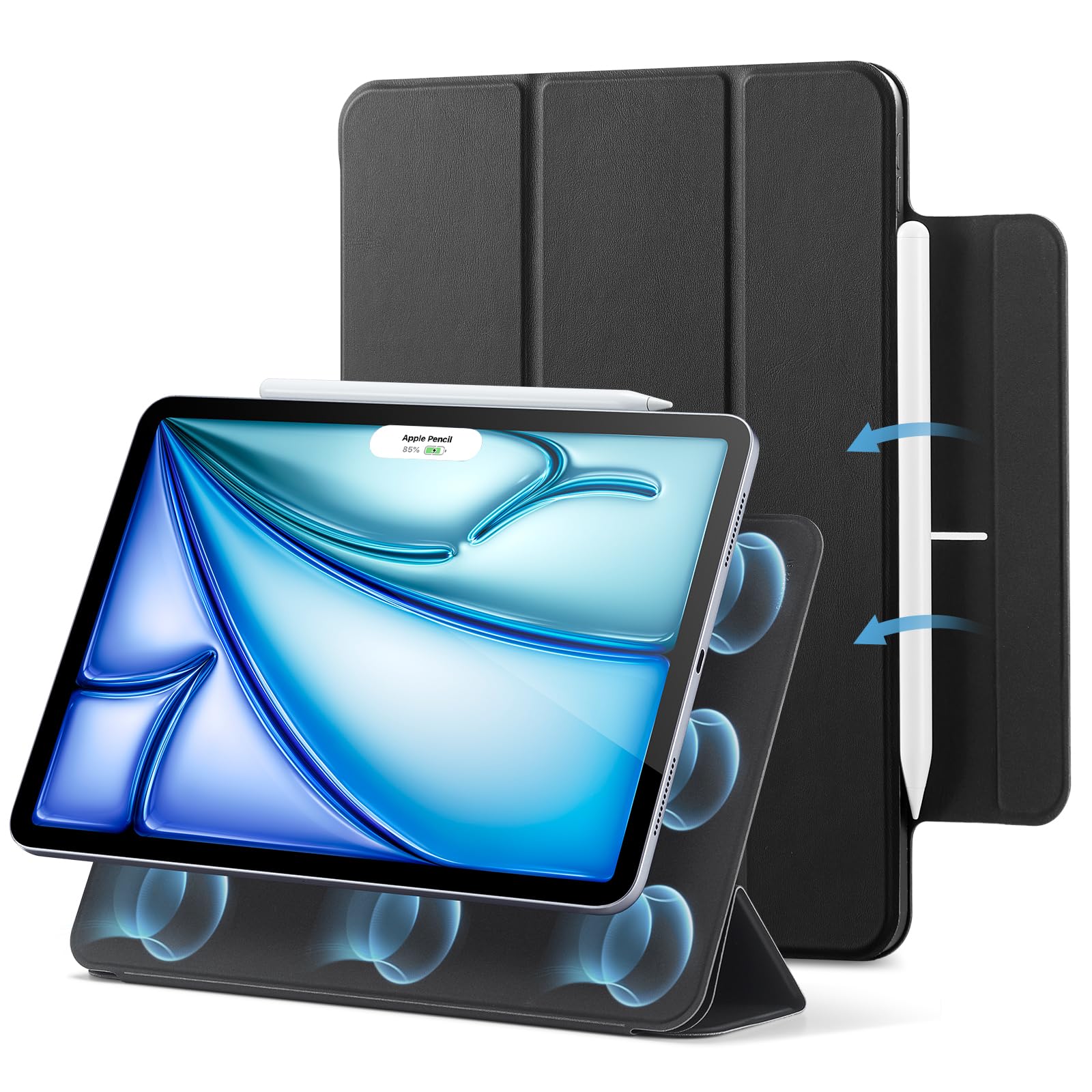 ESR iPad Air 11インチ ケース M4/M3/M2(2026/2025/2024)iPad Air 第5/4世代(2022/2020)iPad Pro 11インチ(2018)対応 マグネット吸着 三つ折りスタンド スリム設計 Pencil Pro/USB-C対応 自動スリープ/ウェイク 耐衝撃 Reboundシリーズ ブラック
