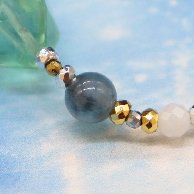 【Deep Sea Party】アクアマリン×ブラックアクアマリン×グリーンフローライト×シルバーオブシディアン ブレスレット