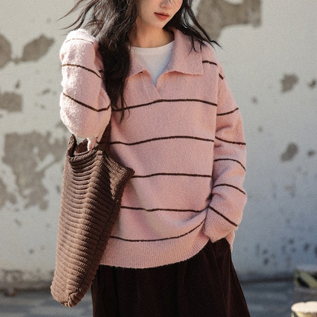 open-collar border knit　J00359