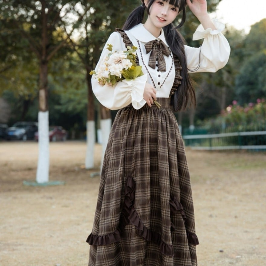 クラロリ ブラウンチェック柄 フリル付きロングフレアスカート