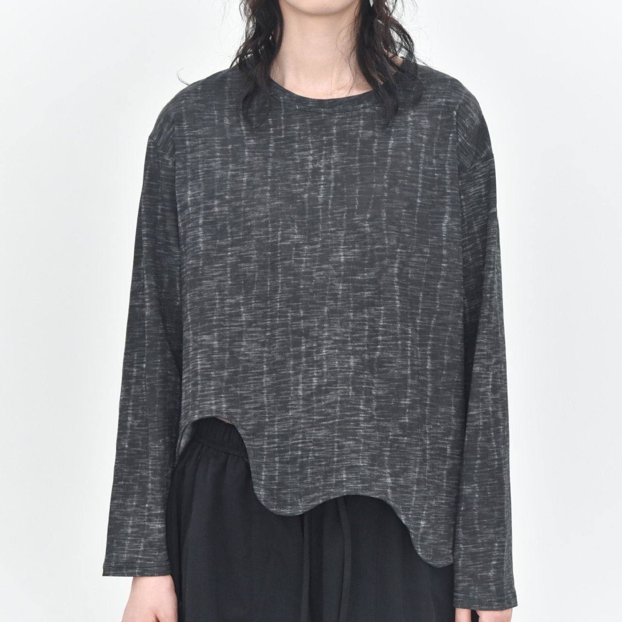 TIE-DYE ROUND NECK IRREGULAR HEM LONG SLEEVES T-SHIRT 3colors M-16108