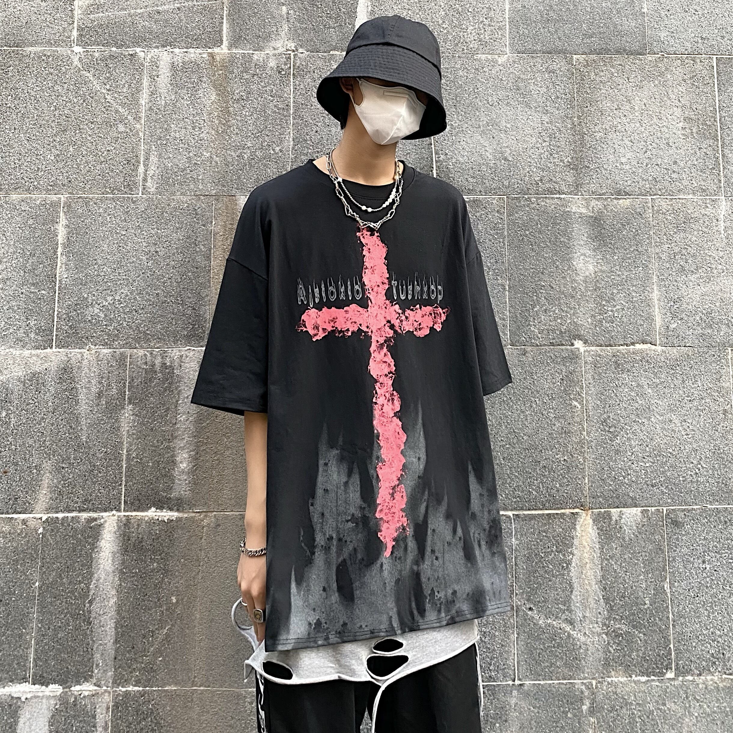 夏服韓国ファッションNEWスタイルダーククロスプリント柄ルーズTシャツ