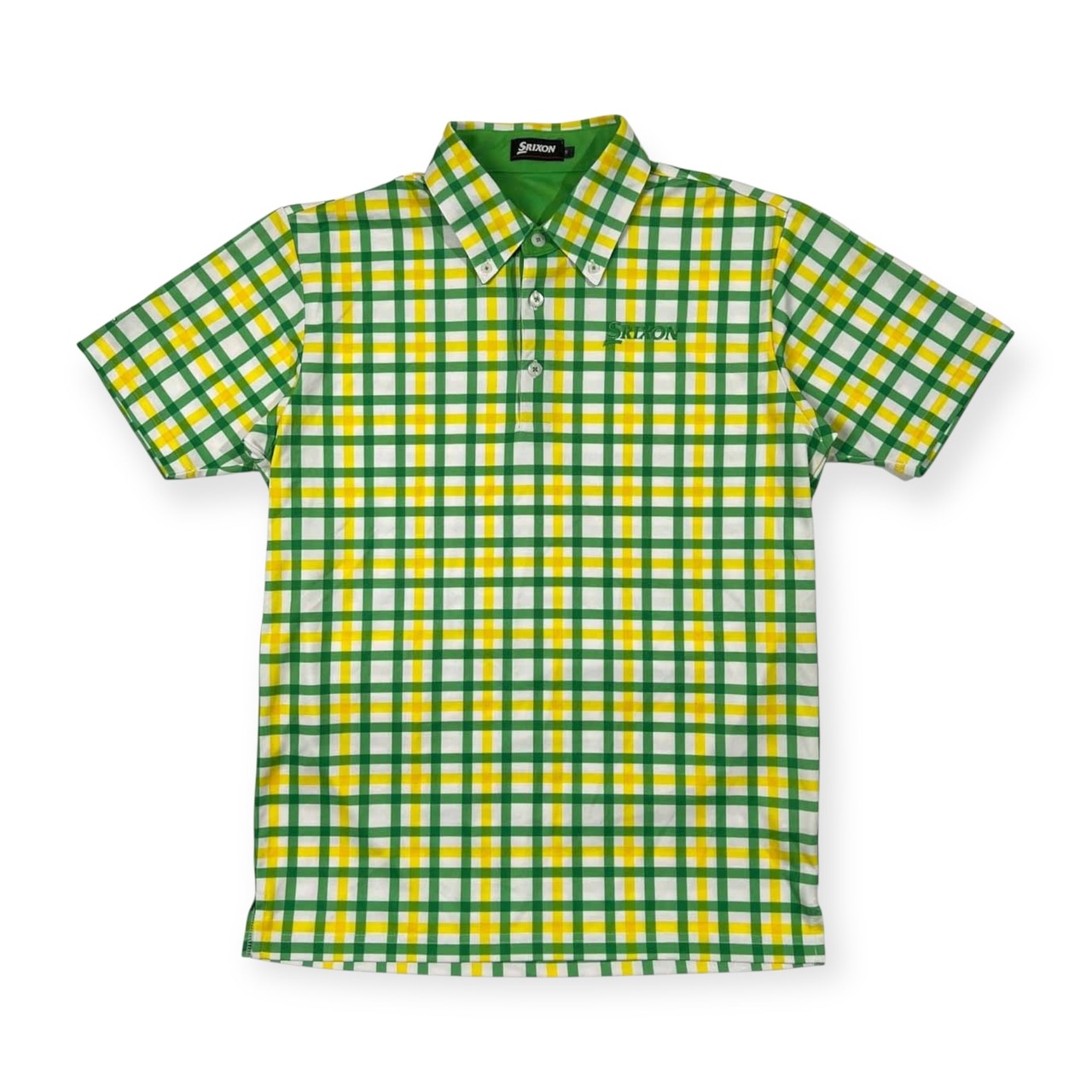 SRIXON スリクソン チェック柄 BD 半袖 ドライ ポロシャツ サイズ M /メンズ/ゴルフ/グリーン×イエロー×ホワイト