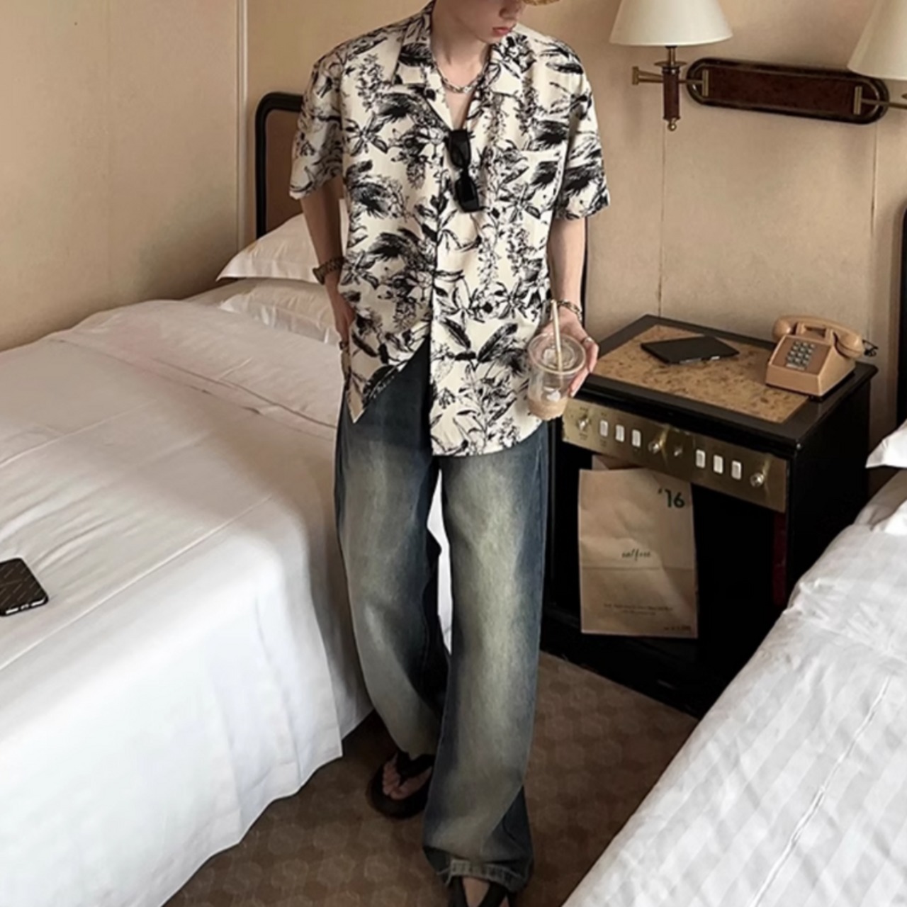 キューバカラービーチ花柄半袖シャツ　0729