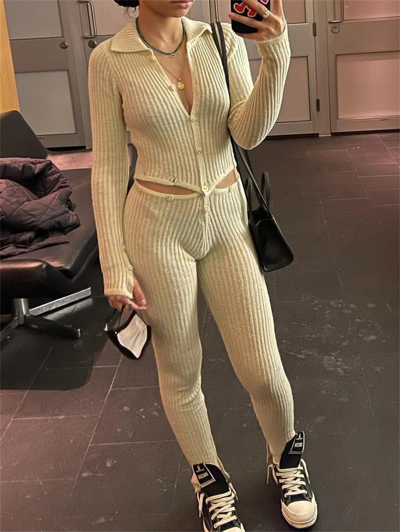 【新作】【送料無料】 TARUXY かぎ針編みリブニットパンツセット女性のための 2 ピースセット衣装シースルー中空アウトニットトラックスーツストリート 2023 017528543102