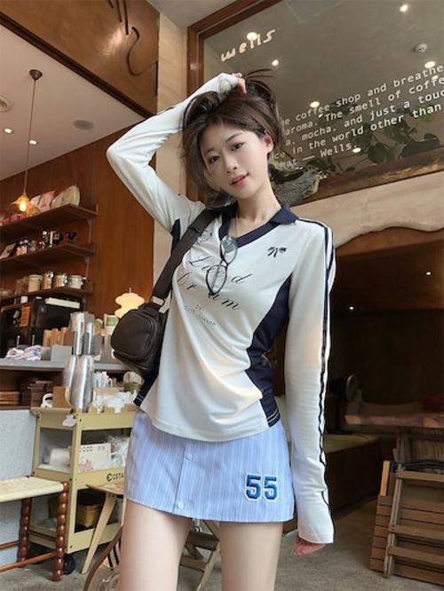 2024秋 長袖 Tシャツ ショート丈 カットソー トップス カジュアル 配色 韓国系ストリート ロゴ へそ出し タイトネックスリーブ 肌見せ T ファッションレディース かわいい風冬トップス