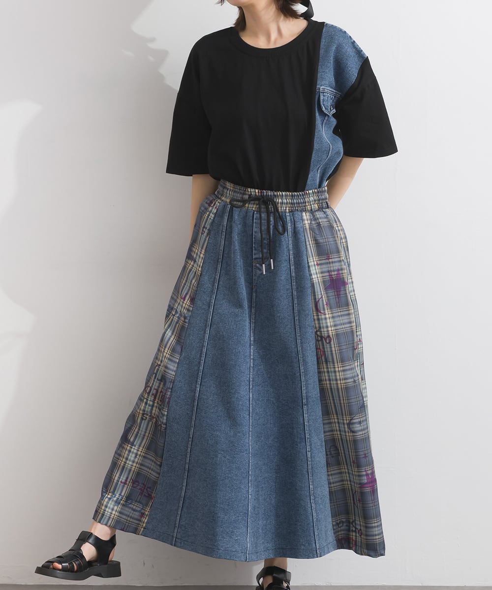 D54044 【体型カバーデニムシリーズ】 デニム×チェック切替スカート