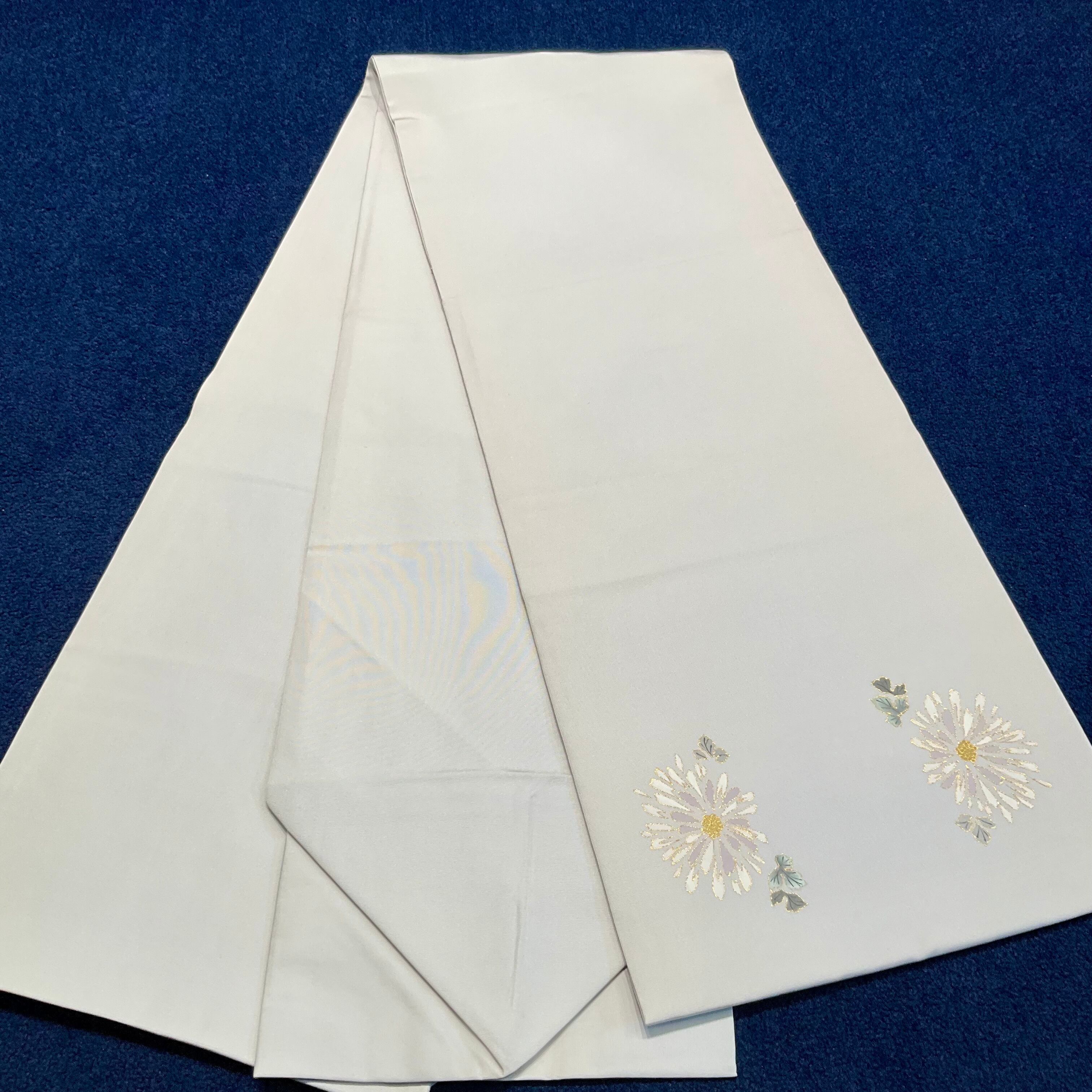 Moonlit Ivory＊染め帯 花 グレーホワイト 塩瀬帯 名古屋帯 B545