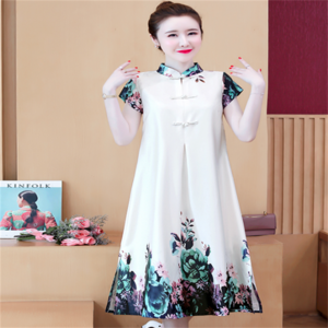 【送料無料】ロングドレス 半袖 中国 チャイナ風 夏 花柄 30代 40代 レディースファッション 可愛い お出かけ 女子会 デイリーユース お茶会 お呼ばれ 授業参観 プチプライス ホワイト 大きめ ゆったり ラージサイズ プラスサイズ Aライン フレア
