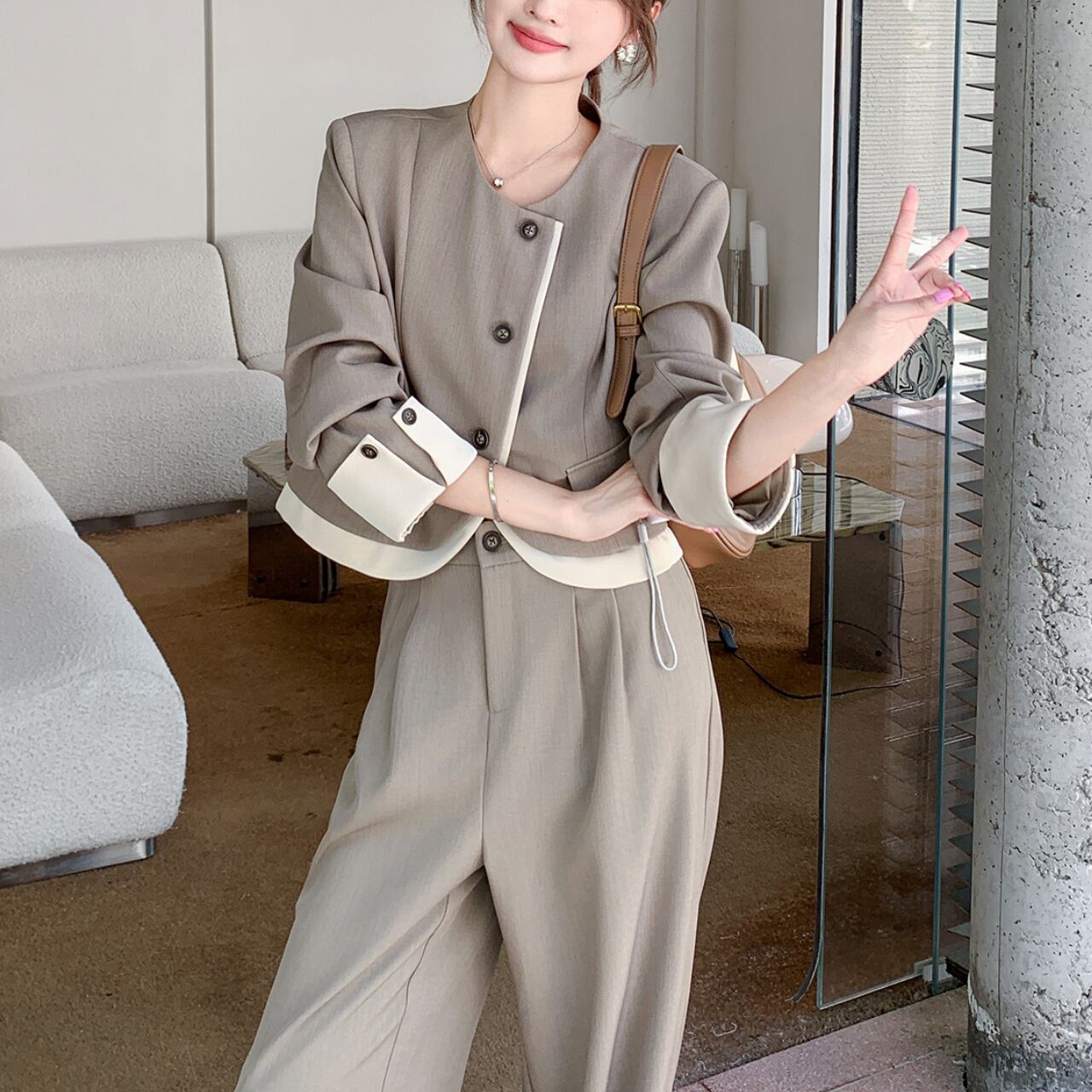 Layered design jacket & wide pants set S1693