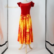 フラダンス 衣装 ワンピース ドレス レッド系 u'ino! ハワイ製 モンステラ柄 ハワイアンプリント アロハ フラ ダンス レッスン 練習 ベロア 華やか 鮮やか かわいい おしゃれ 上品 高級感 イエロー系 オレンジ系 赤 黄 橙 カラフル かわいらしい エレガント 大人用 発表会 ハワイ