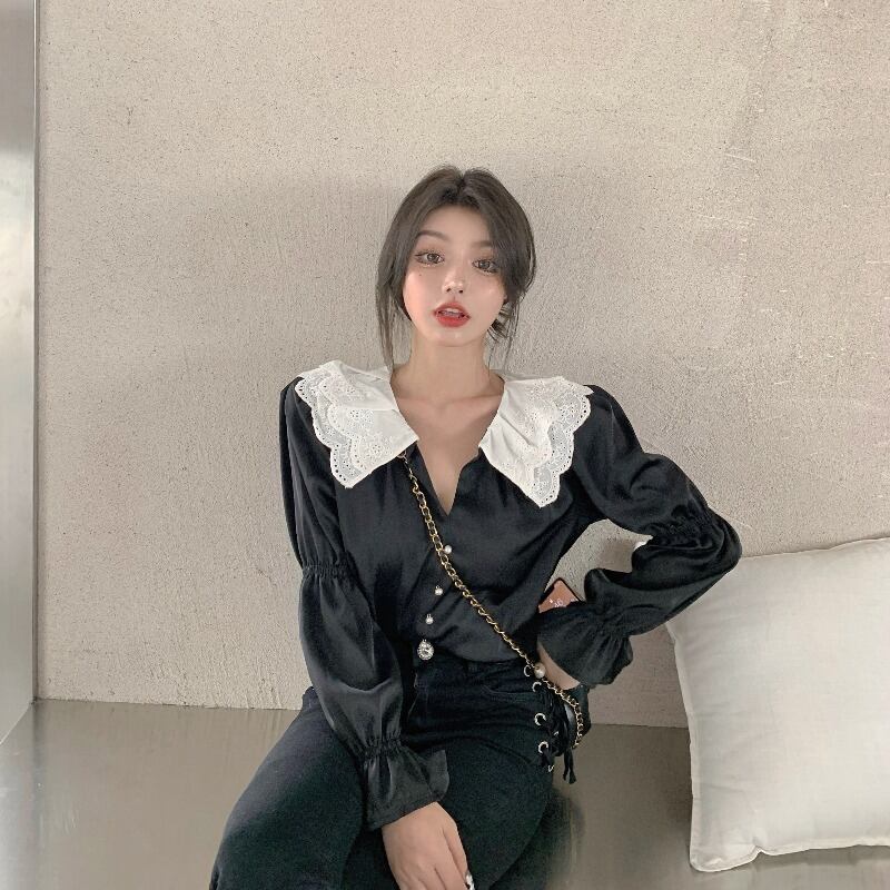フレンチレトロレースドールカラーブラックシャツ女性秋長袖パフスリーブシャツデザインニッチトップ ブラックストロベリース22380185973