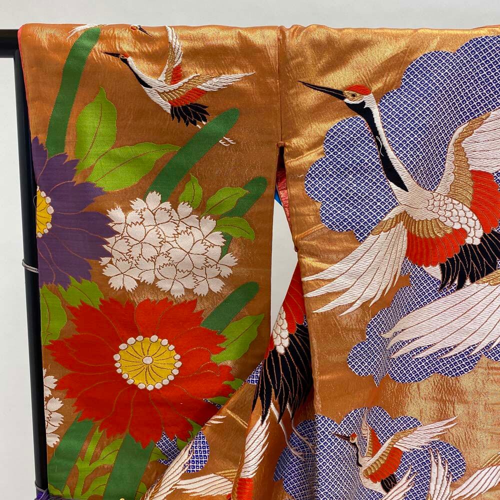 色打掛 正絹 鶴 絞り柄 刺繍 緑 金 打掛 花嫁衣裳 婚礼 リサイクル 