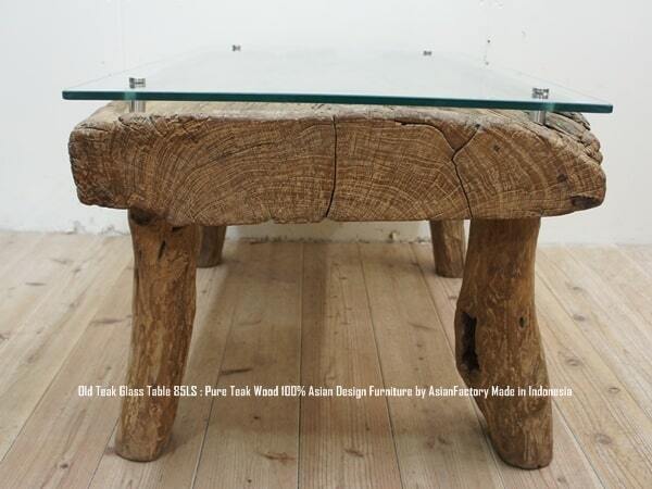 一点物 希少オールドチーク臼テーブル 85cm ガラストップ ガラス