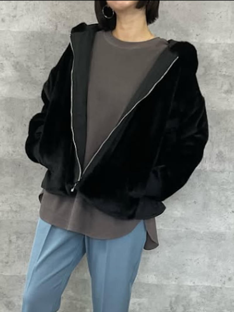 【10月中旬頃入荷次第お届けのご予約】611. Anna Kerry / アンナケリー fake fur hooded blouson フェイクファーブルゾン(グレー/ブラック)(85264401)