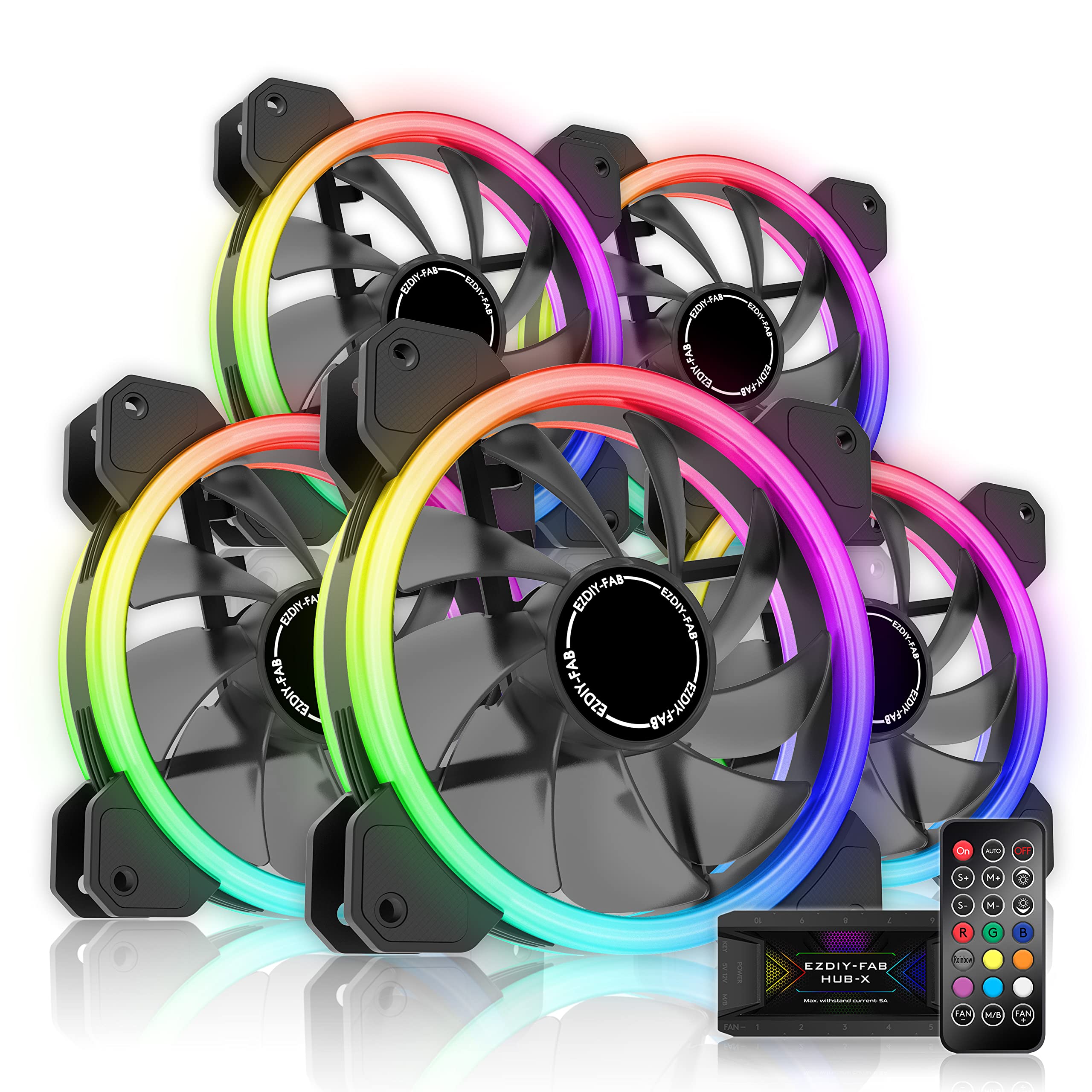 EZDIY-FAB 新しいデュアルリング 120mm RGB LED 静音PCケースファン 5V3pin マザーボード同期 速度調整可能 ファンハブ&リモコン付き - 5本1セット