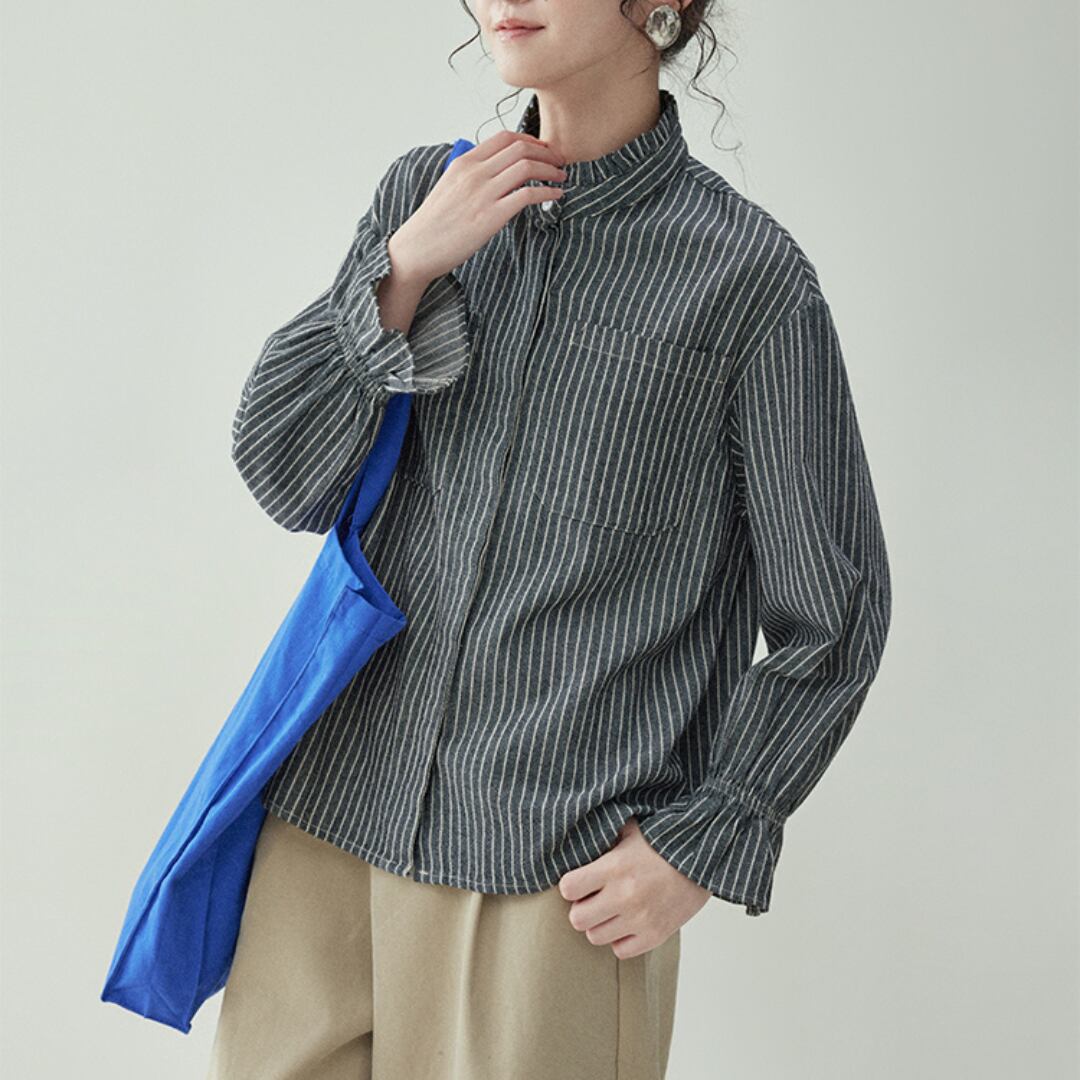 vertical striped stand collar long sleeve shirt