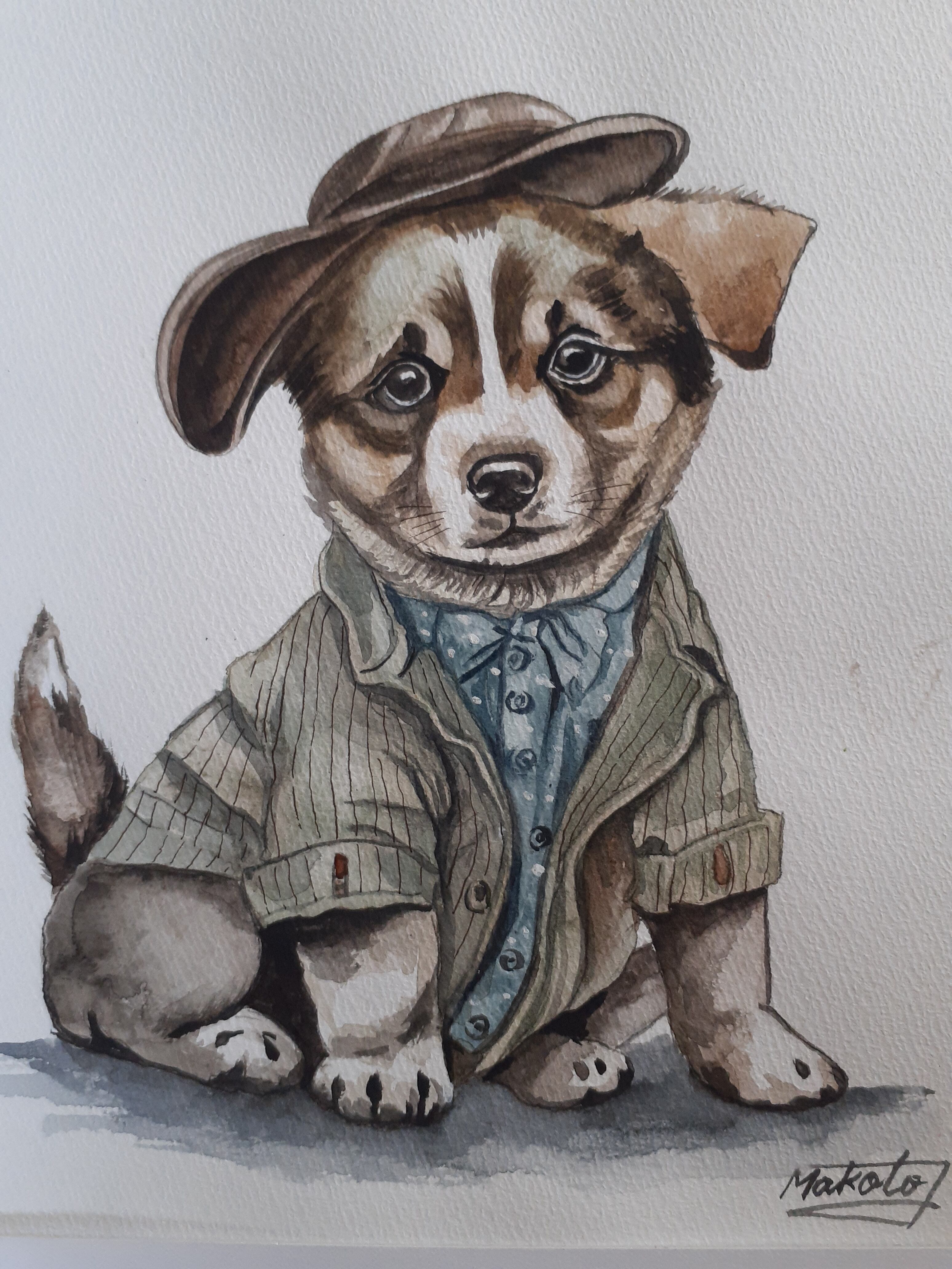 水彩画 オシャレな子犬 | 工房 和み