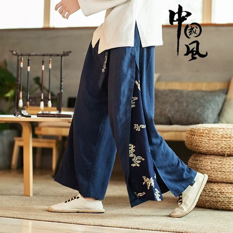 草墨シリーズ チャイナ風ズボン 2color 黒or青 メンズ ワイドパンツ ガウチョパンツ ガウチョ 大きいサイズ Elegant