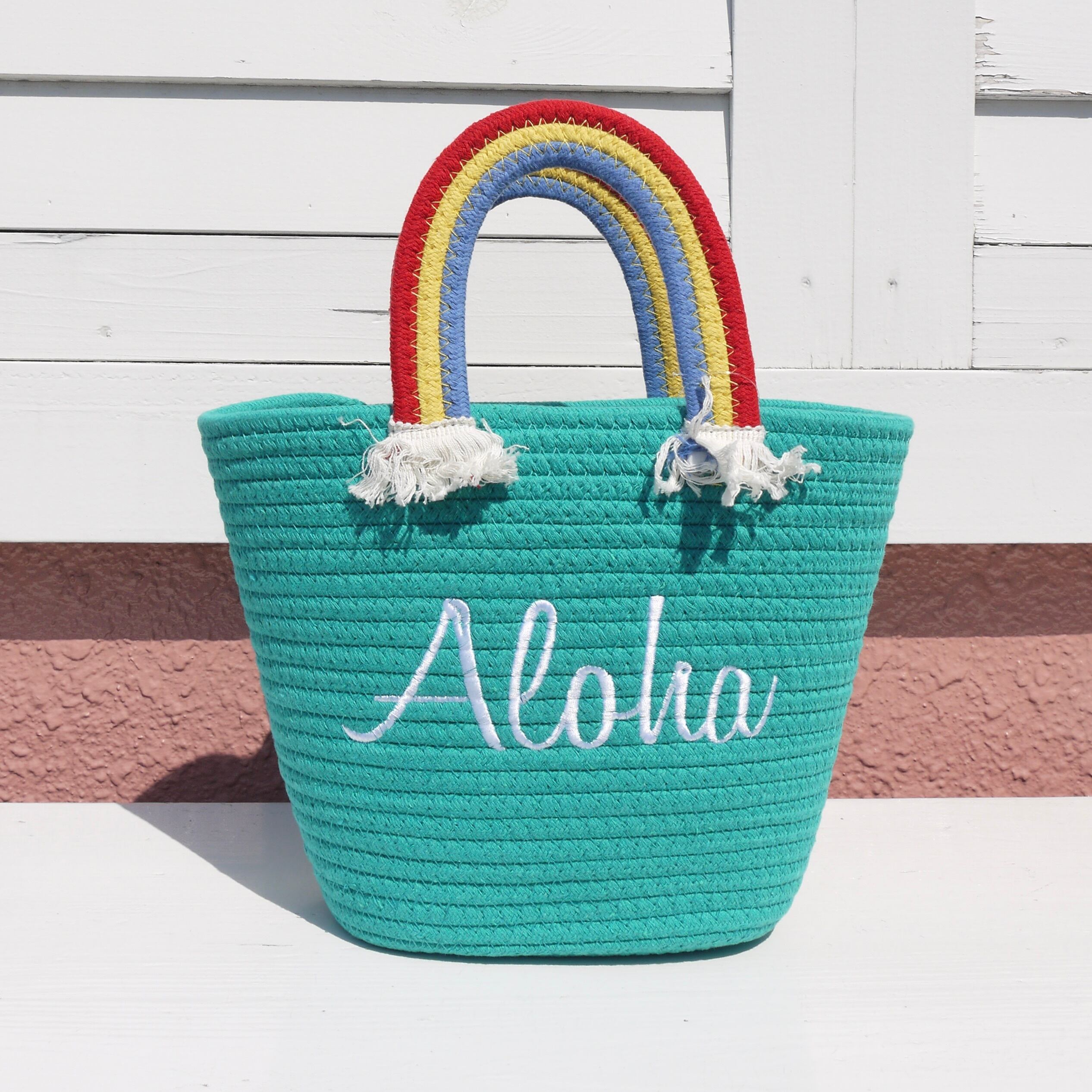 夏 バッグ グリーン ハワイ レインボーハンドルバッグ レインボートート ALOHAバッグ 虹 ハワイアン雑貨<ミント>