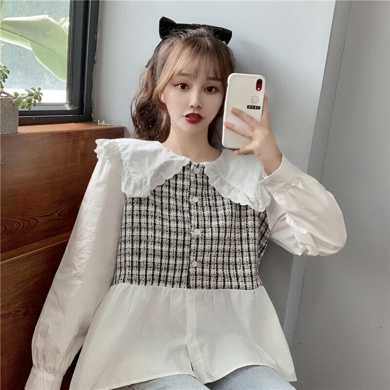 スタンダード格子柄シャツ オータムレースカラートップス レトロ 秋物 ステッチ 萌量不足81137474453