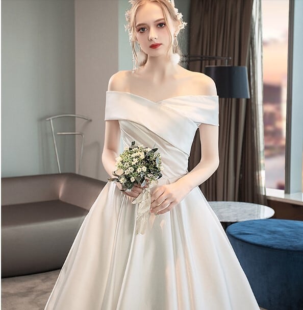 ウェディングドレス オフショルダー トレーン 前撮り 披露宴0213# 