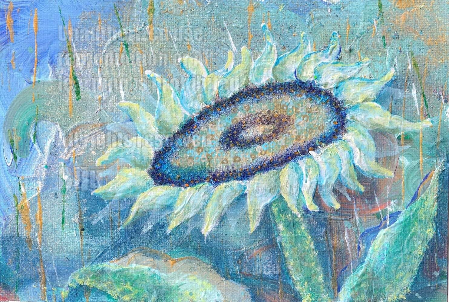 原画【蒼の三姉妹】水彩画 ひまわりと抽象的な背景 | Biju ART