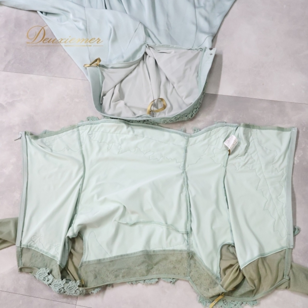 社交ダンス 衣装 チャコット Chacott トップス スカート ツーピース セットアップ レース 上品 綺麗 パーティ 発表会 緑 水色 ブルー系 グリーン系 Mサイズ 伸縮性 衣装セット おしゃれ