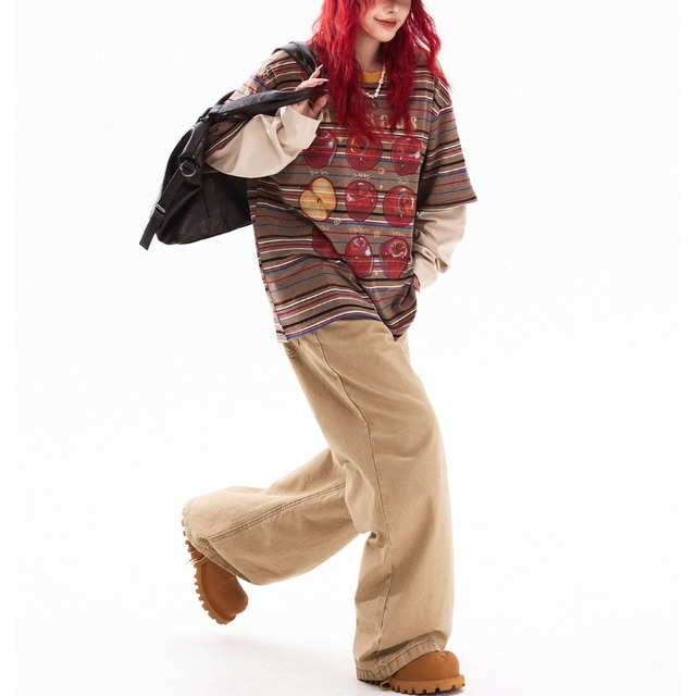 apple design fake two-piece border long tee　アップルデザインフェイクツーピースボーダーロングティー　J1701