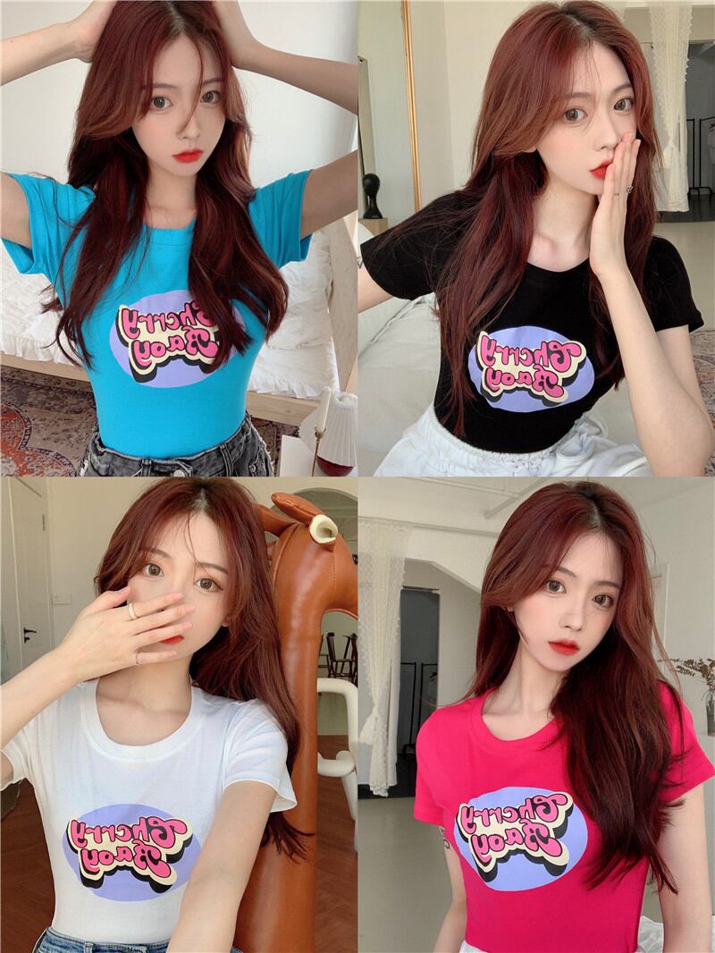 Tシャツ ハイウェストウェストショートスタイルスリムブルートップス サマー 大人ガーリー スウィート キュート カジュアル 夏物 ブラックストロベリース57671254951