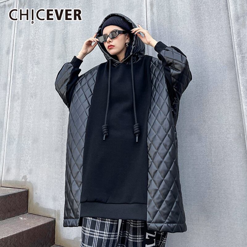 CHICEVERブラックPuスウェットシャツレディースフード付きカラー長袖パッチワークヒットカラーコットンストリートウェアプルオーバー2021タイド ロング 6base537427990161