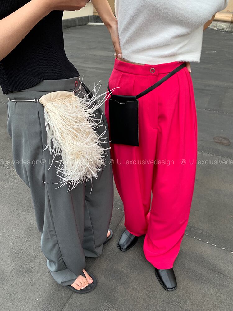 カジュアルパンツ サマールーズ薄手ハイウェストプリーツグレー 夏物 ビッグFスモールZ韓国27356519255