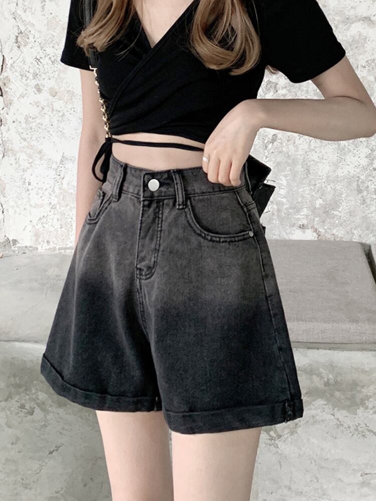 ブラックショーツ サマー薄手ハイウェストウェストカジュアルワイドレッグAラインパンツ 夏物 ブルマー ワイドパンツ 萌量不足76244935529