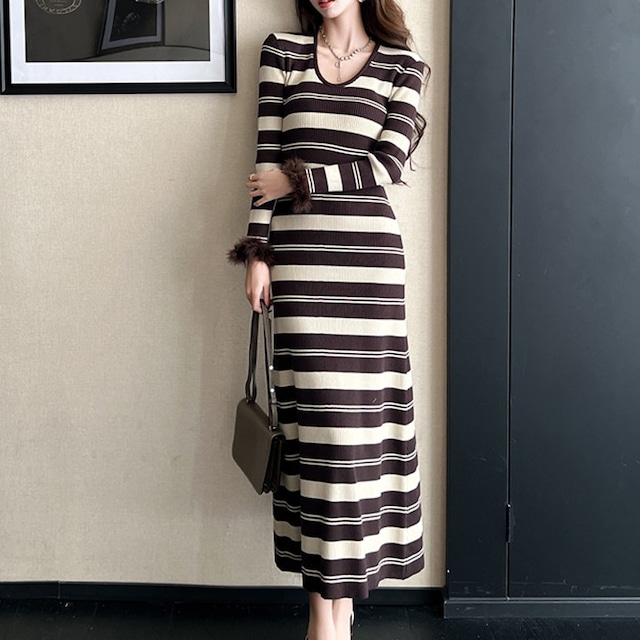 【CHERRYシリーズ】ワンピース ニット ストライプ柄 配色 ロング丈 コーヒー色 ブラック S M L
