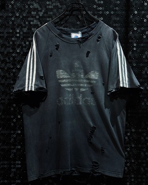 【ÆIEM】original “boro” remake adidas trefoil faded big logo three stripes damage TEE - Charcoal Black