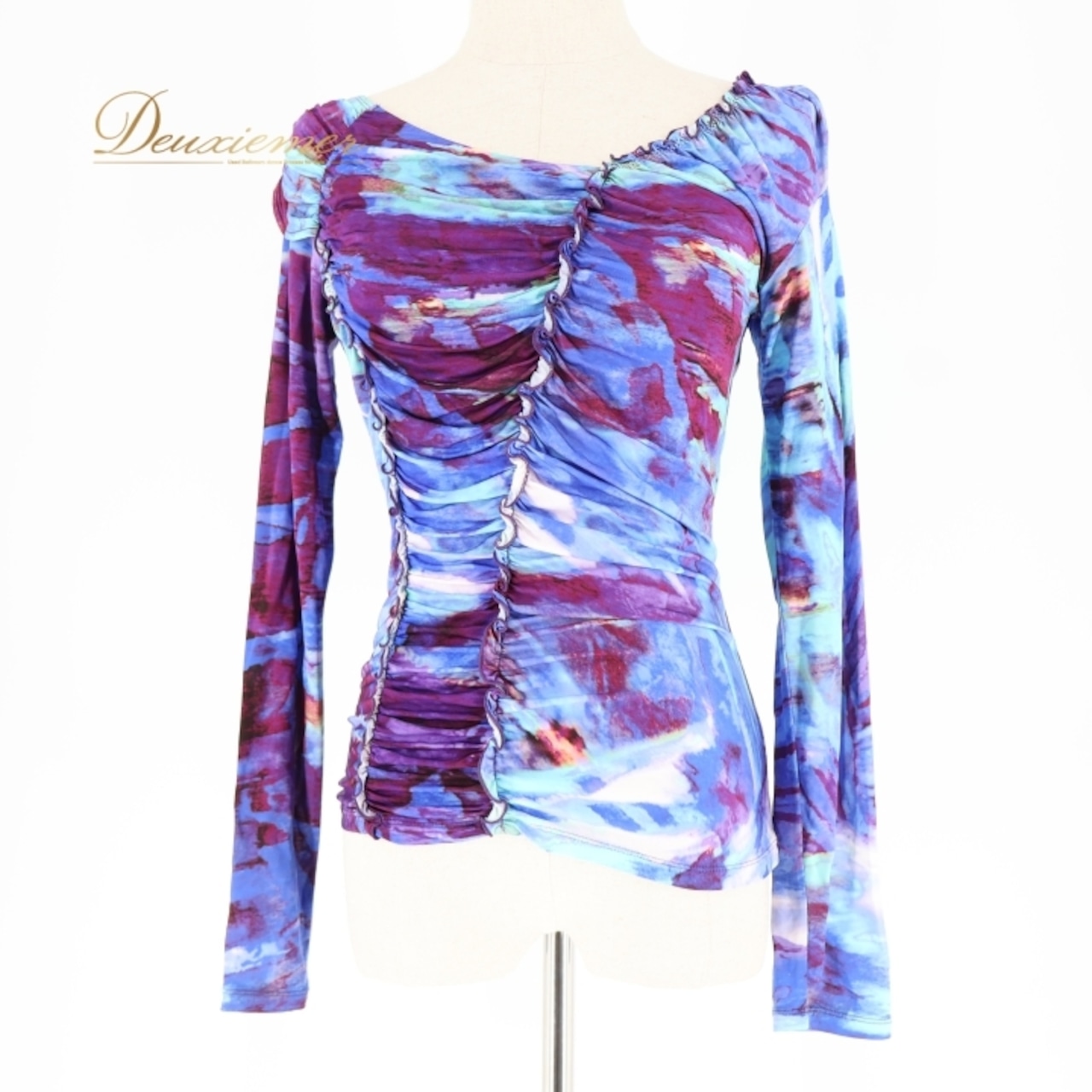 社交ダンス 衣装 トップス ブラウス ブルー系 チャコットロイヤルダンス Chacott ROYAL DANCE 青 緑 白 紫 練習 レッスン 伸縮 ストレッチ パーティー 鮮やか 柄 模様 日本製 上品 かわいい グリーン系 ホワイト系 パープル系