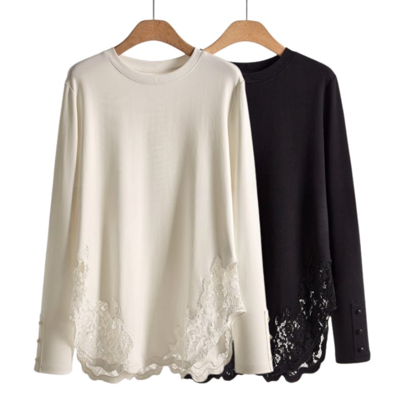 Round lace hem oversized pullover 2 colors V2790